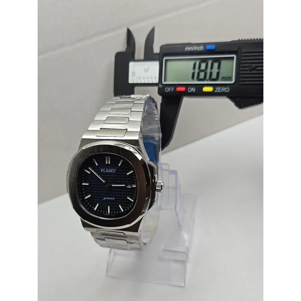 PLADEN Geneva Blue Dial Stainless Steel Date Quartz Watch New Battery Mens